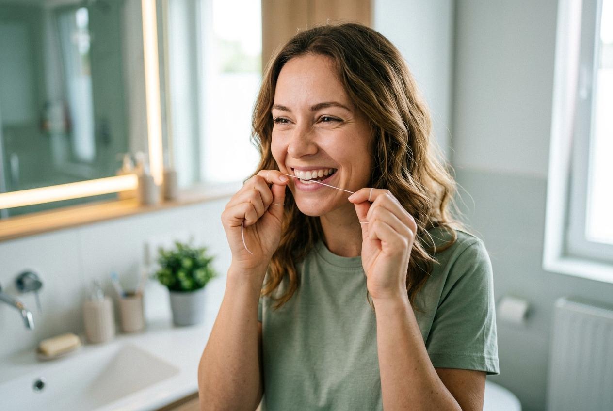 A smiling woman flossing her teeth in a bathroom, holding dental floss with both hands near her mouth.