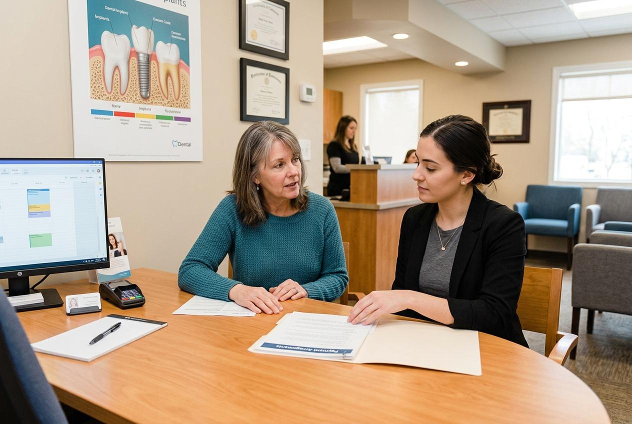 Dental office staff member reviews paperwork with a patient at a desk with a computer and card reader.