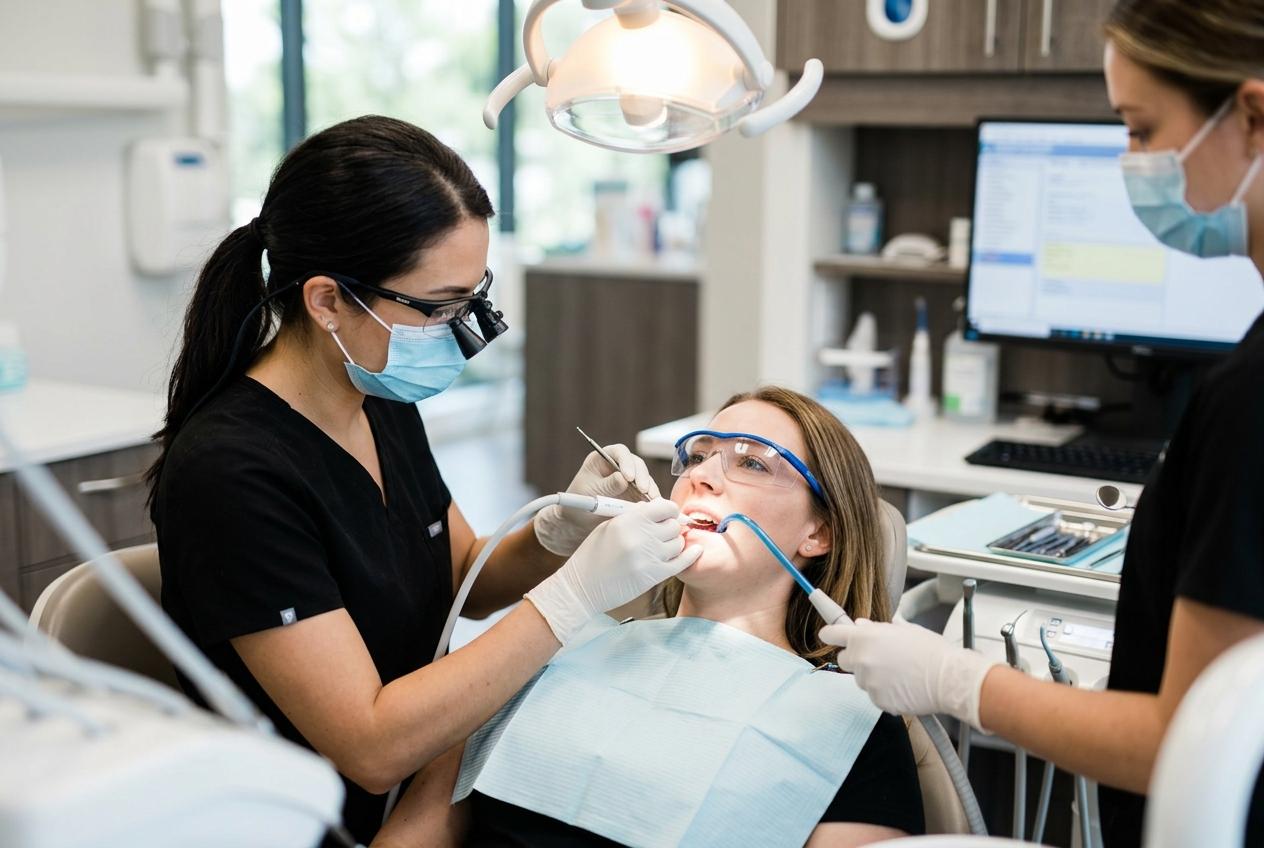 Dentist and assistant work on a patient's teeth as she reclines in a dental chair wearing safety glasses.