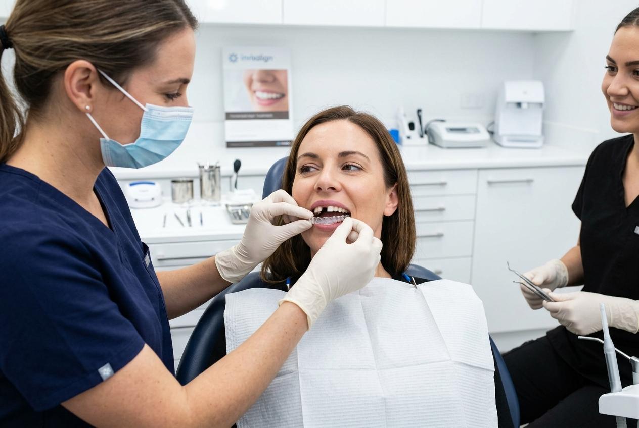 Dentist fitting a clear aligner onto a smiling patient's teeth in a dental chair, with an assistant nearby.