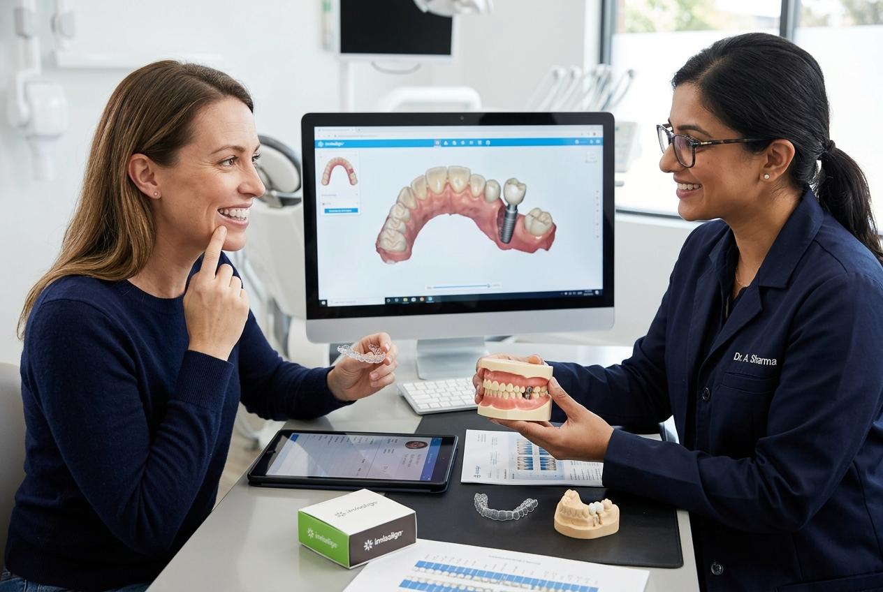 Dentist holding a dental model talks with a smiling patient at a desk with a screen showing a 3D teeth scan.