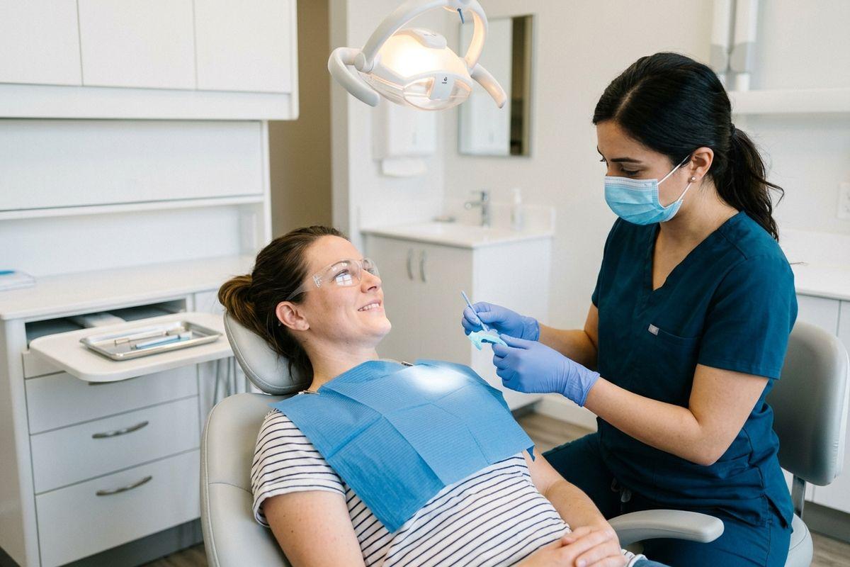 Dentist holding a dental tool beside a smiling patient reclined in a dental chair wearing safety glasses and a bib.