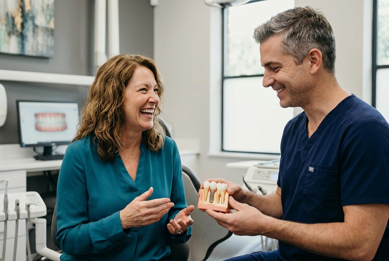 Dentist holds a dental implant model while consulting with a smiling patient in a dental clinic.