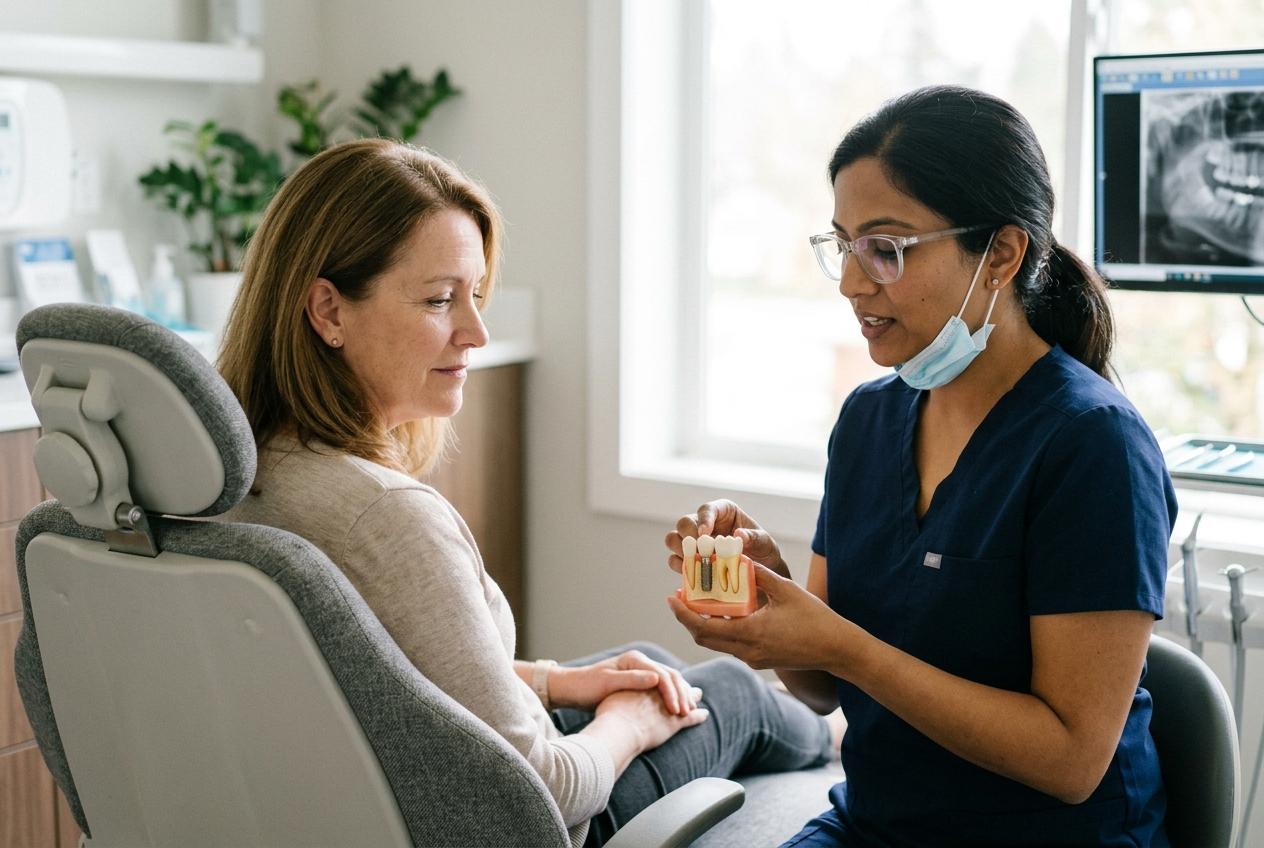 Dentist holds a tooth model while explaining it to a patient seated in a dental chair in a clinic.
