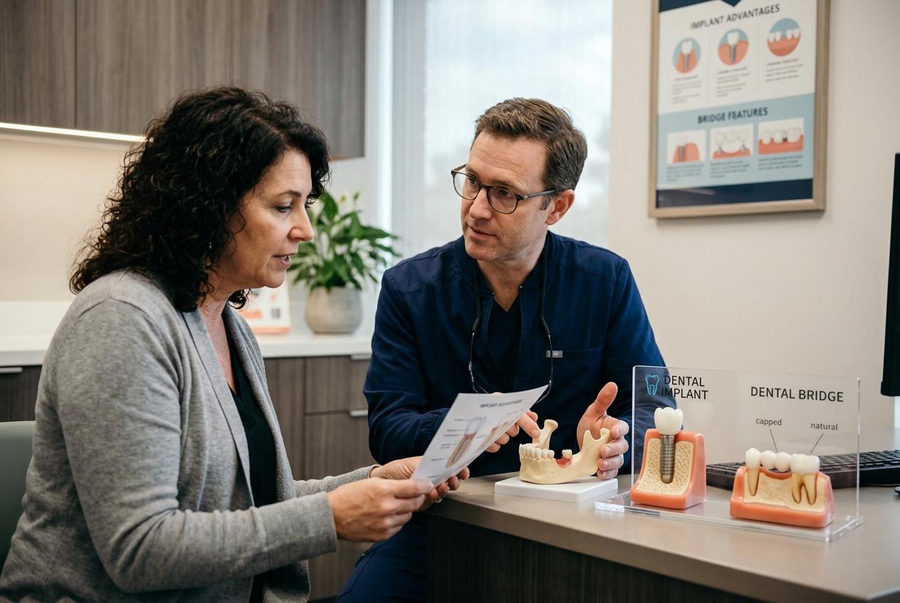 Dentist talks with a patient holding a handout, beside dental implant and bridge models on the desk.