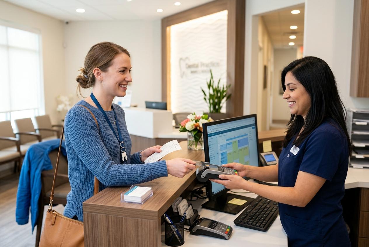 Patient making a card payment at a dental office front desk while the smiling receptionist holds the card reader.