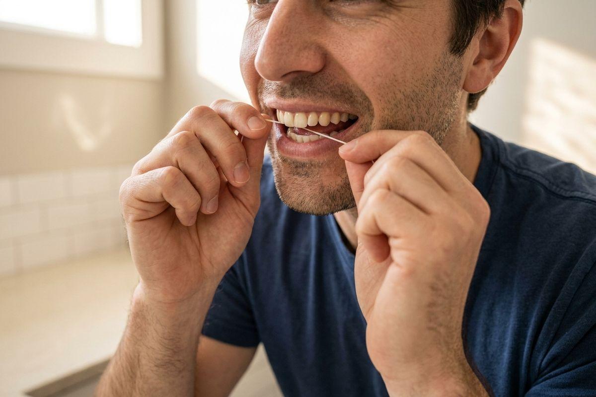 Person in a navy shirt flossing their teeth, holding floss with both hands near their mouth.
