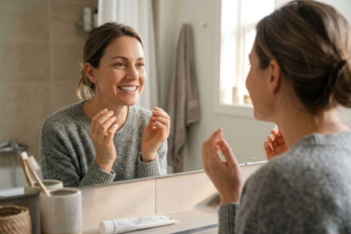 Person in gray sweater smiling at their reflection in a bathroom mirror, hands near face.