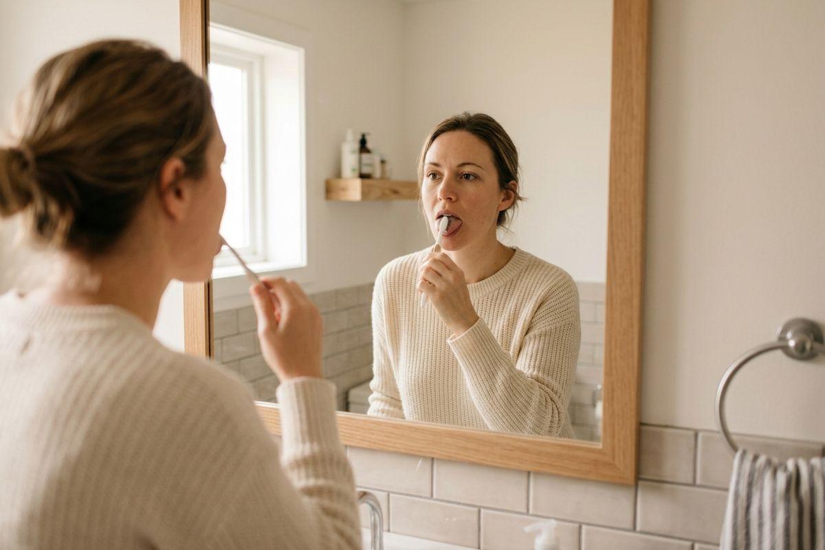 Person using a tongue scraper while looking in a bathroom mirror.