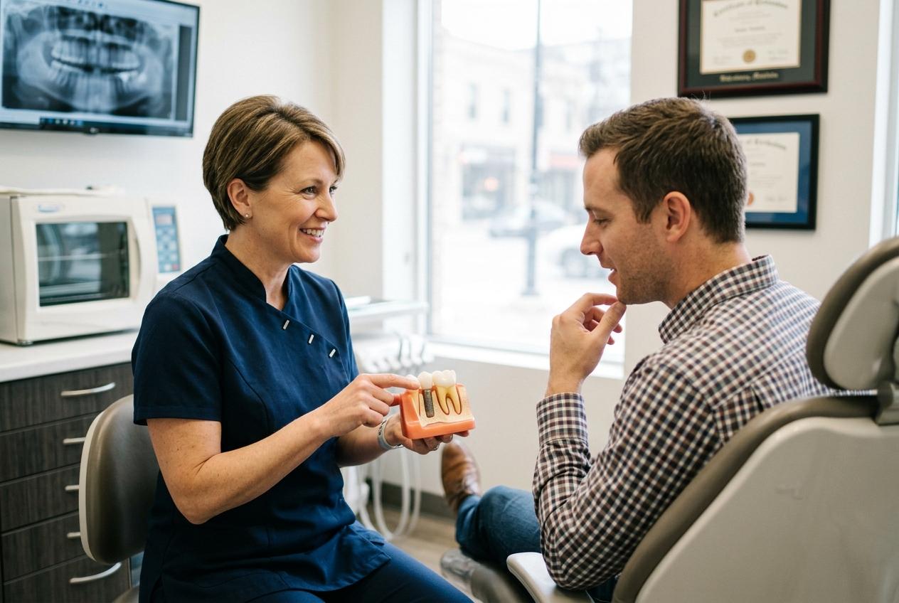 Smiling dentist shows a dental implant model to a seated male patient touching his chin in an exam room.