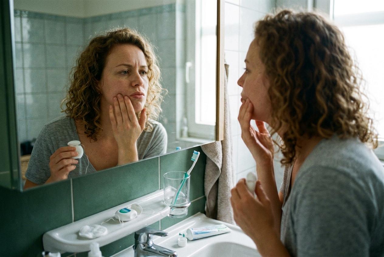 Woman holding dental floss touching her jaw and examining her reflection in a bathroom mirror, looking concerned.