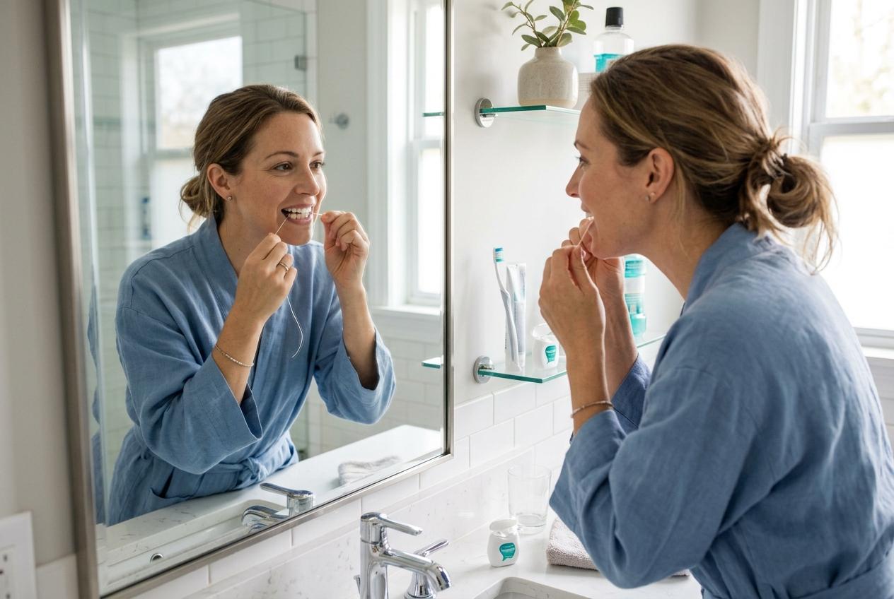 Woman in a blue robe flossing her teeth while looking in the bathroom mirror.