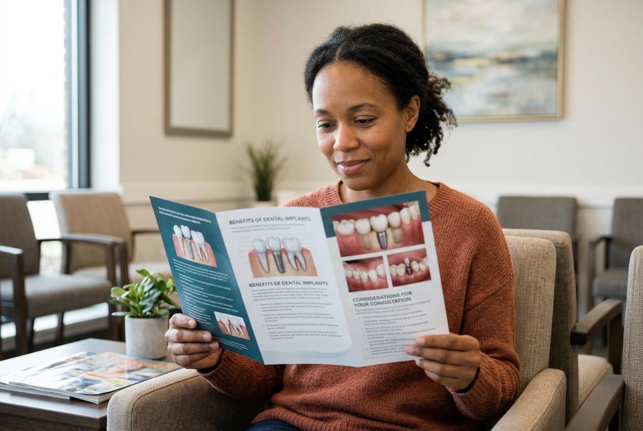 Woman seated in a waiting room reading a dental implants brochure, smiling slightly.