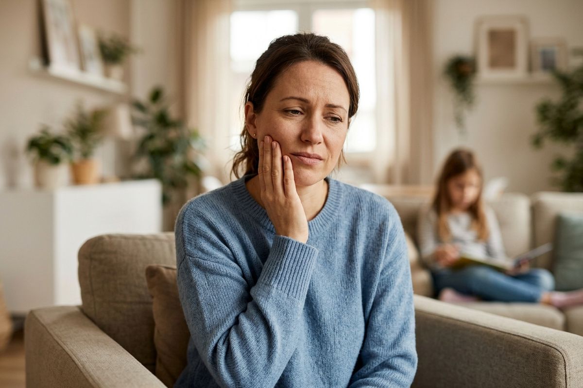 A concerned adult sits on a living room sofa holding a hand to their cheek. A blurred child reads a book in the background.