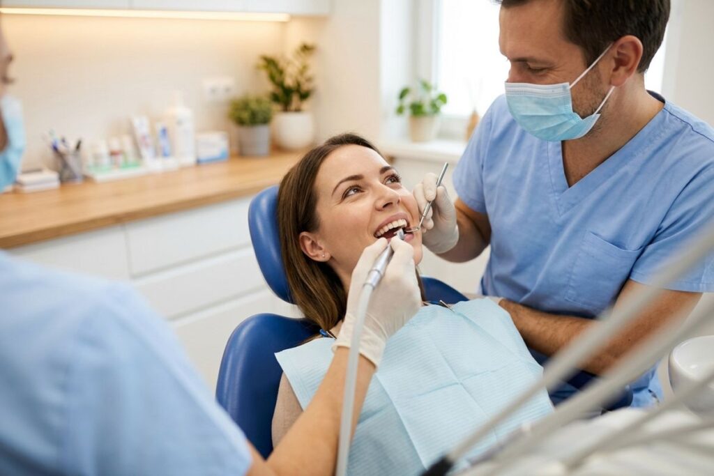 A smiling adult sits in a dental chair while a dentist and a hygienist examine their teeth with a mirror and dental. instruments.