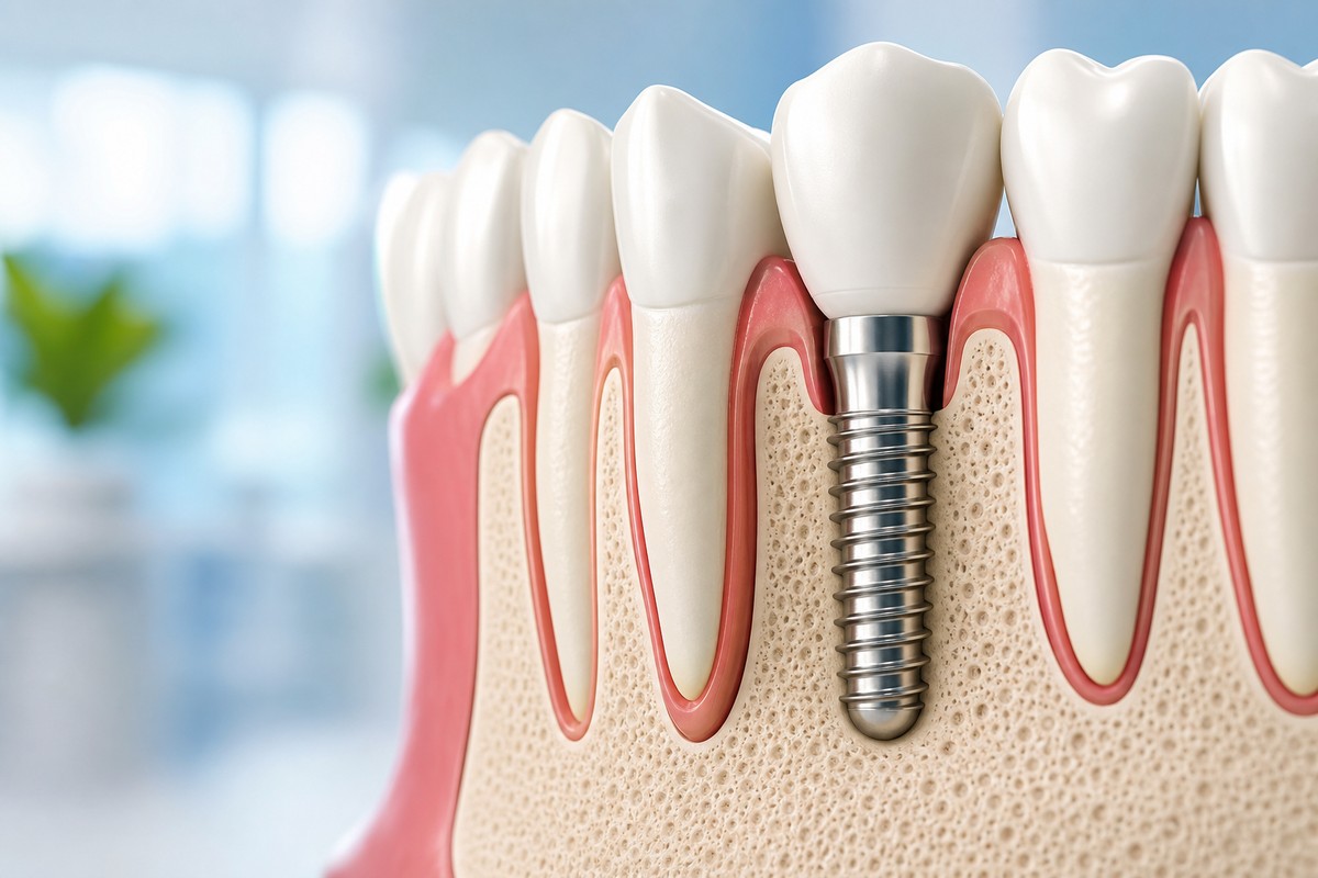 Cross-section model of a jaw showing natural teeth and one dental implant, revealing its metal screw embedded in the bone below a white crown.