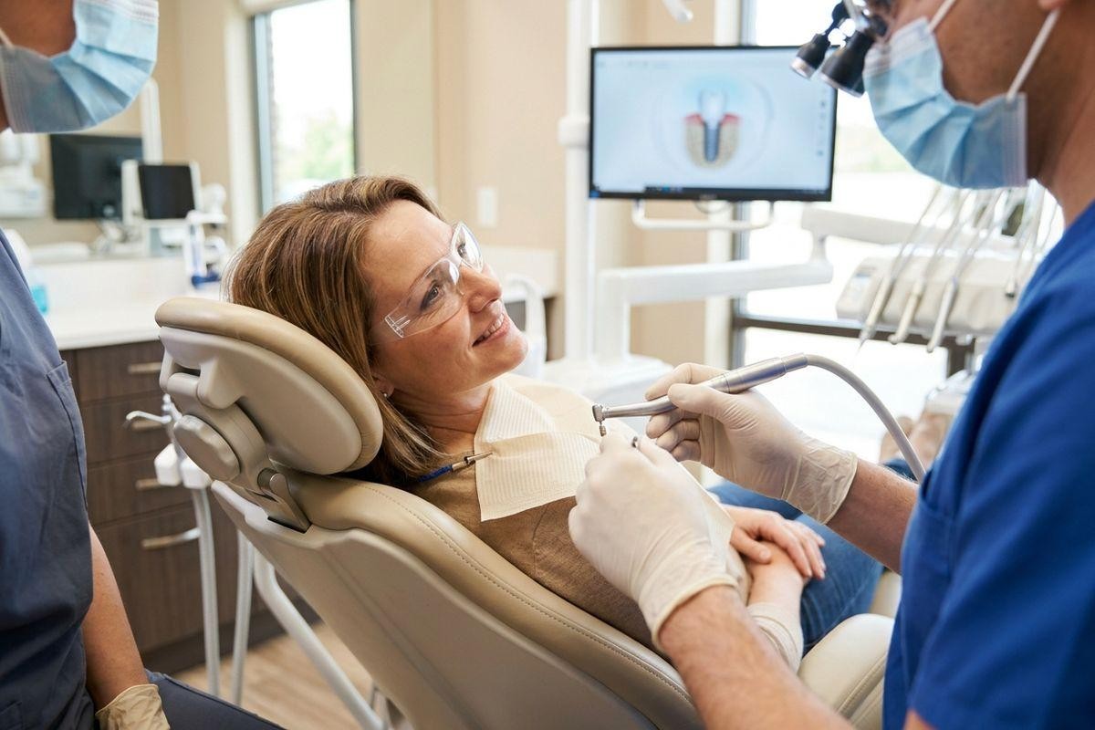 A smiling adult in a dental chair wears safety glasses and looks at a masked dentist holding a drill. A masked assistant stands nearby.