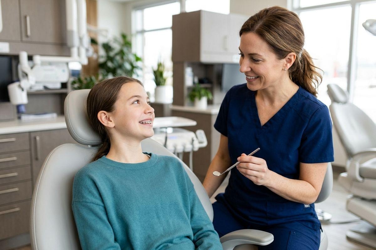 A smiling dentist holding a dental mirror looks at a smiling child with braces sitting in a dental chair.